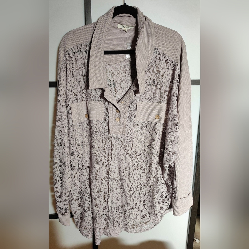 Oli & Hali Lace Quarter Button-Up Blouse in Lavender.